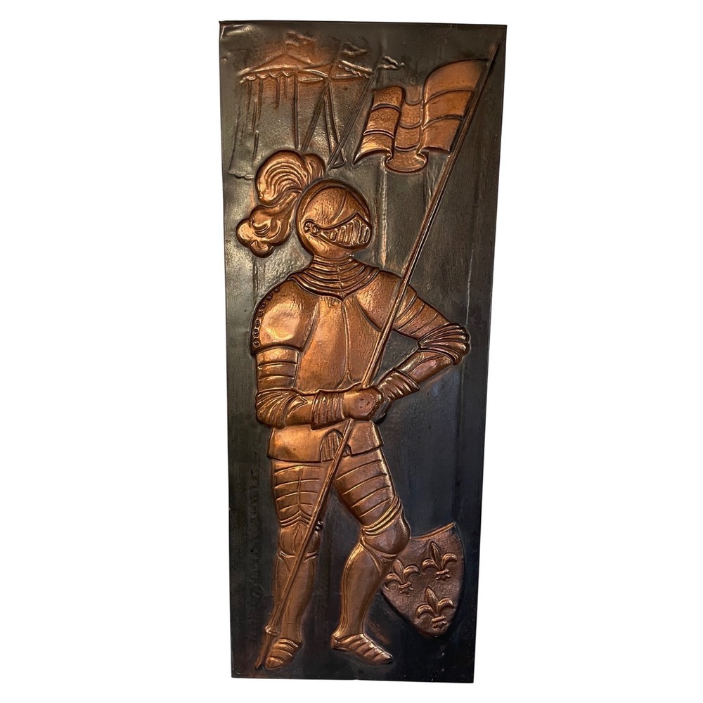 Vintage 3D Medieval Copper Knight Wall Art Plaque Embossed Metal Fleur -De-Lis